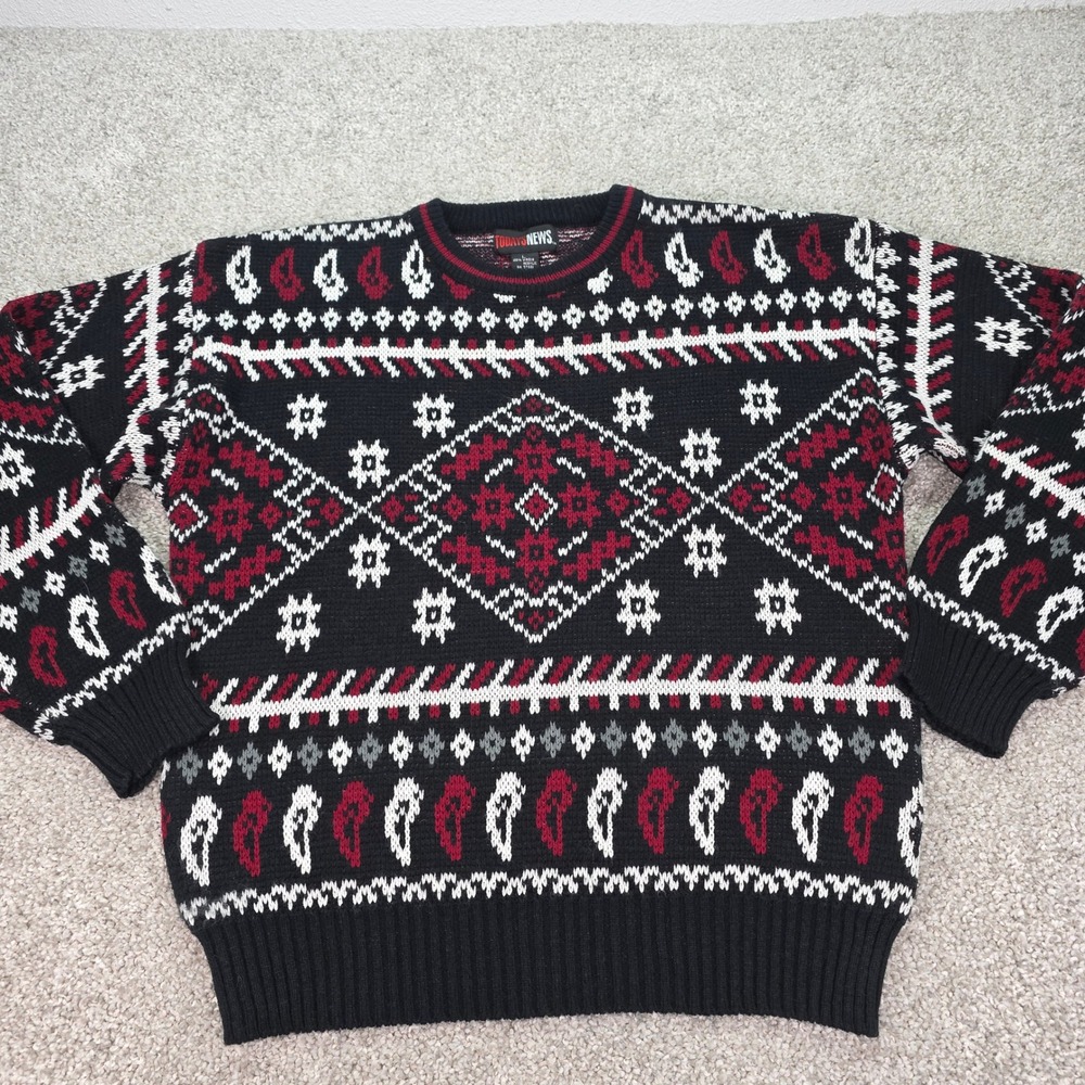 Todays News Vintage Mens Large Paisley Geometric Knit Crewneck Sweater Black Red